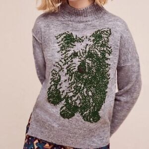 Anthropologie MOTH Gray with Green Scottie Dog Wool Blend Mock Neck Sweater ~ SP